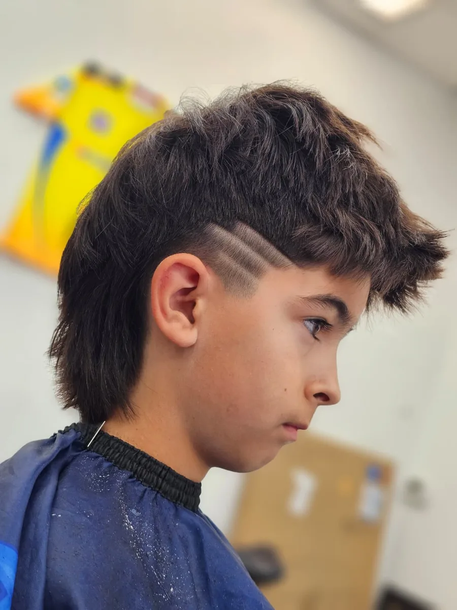 Kids' mullet with V-shape precision hair design at Willow Road Barber Shop in Guelph