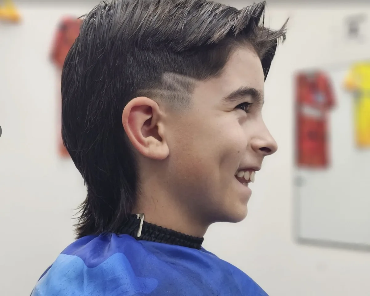 Kids' textured mullet with precision hair design at Willow Road Barber Shop in Guelph