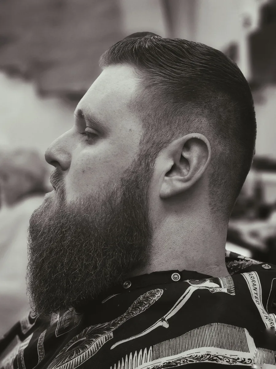 Men's classic fade with full beard at Willow Road Barber Shop in Guelph