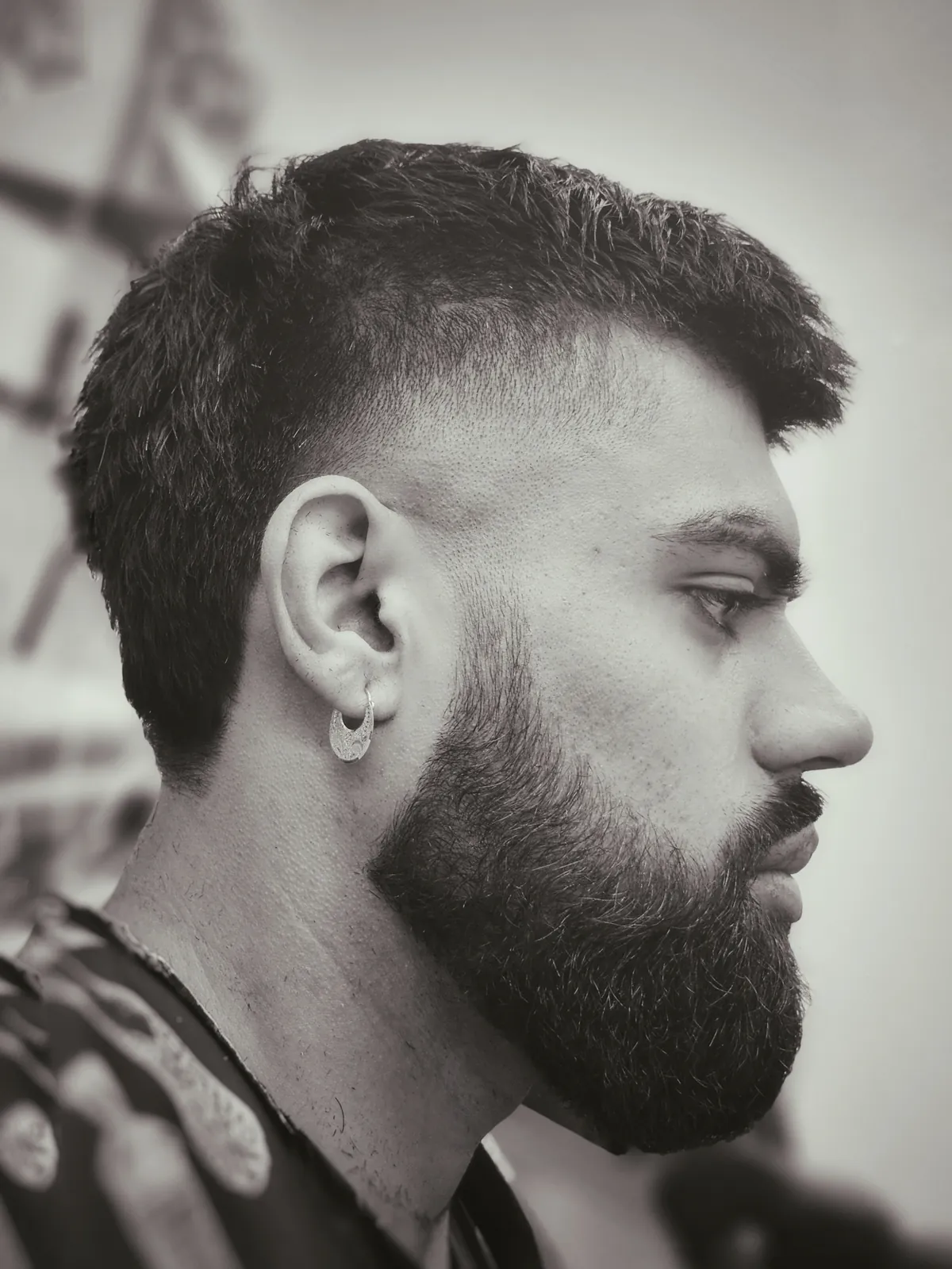 Men's mid fade with textured crop and sharp full beard line-up at Willow Road Barber Shop in Guelph
